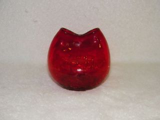 Blenko Hand Blown Red Crackle Glass Pinched Mouth Ivy Vase 4 "