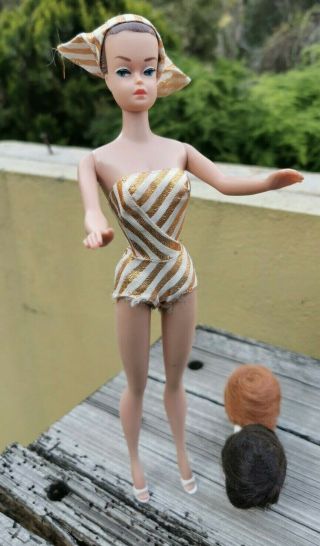 Vintage Japan Mattel Barbie Fashion Queen Doll W/ Swimsuit,  Turban & 2 Wigs 1964