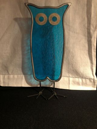 Vintage Stained Glass Teal Blue Owl With Feet Hand Made Figurine Sun Catcher