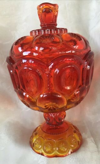 Vintage L E Smith Moon And Stars Amberina Covered Candy Dish Compote With Lid