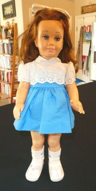 Vintage Mattel Chatty Cathy Doll Red Head Freckles In Blue Dress White Jacket