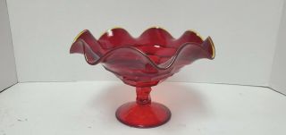 Vintage Viking Ruby Red Georgian Compote Candy Dish With Yellow Ruffle Trim