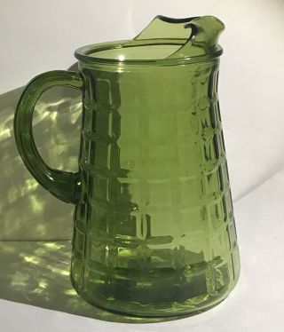 Mid - Century Vintage Green Glass Pitcher Pinched Ice Lip Geometric Squares