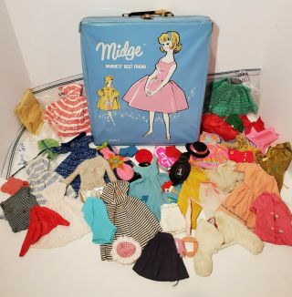 Huge Vintage 60s Mattel Barbie Doll Clothing And Midge Case