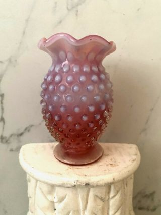 Vintage Fenton Hobnail Opalescent & Cranberry Pink Small Vase Ruffled Top 4 "