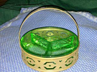 Vintage Divided Green Depression Uranium Vaseline Glass Bowl W Caddy Holder Euc