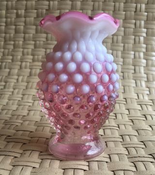 Fenton Small Pink Cranberry Opalescent Hobnail Ruffled Top Vase