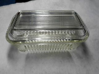 Vintage Clear Glass Ribbed Design Loaf Pan Refrigerator Dish With Lid 4 " By 6.  5 "