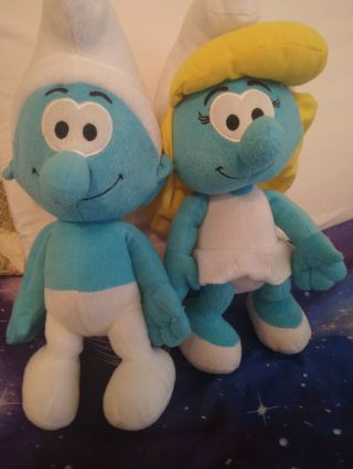 The Smurfs Smurfette Girl And Smurf Boy Stuffed Plush Toys 12 " Set Of Two