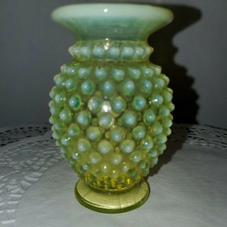 Vintage Fenton Opalescent Topaz Hobnail Mini Vase.