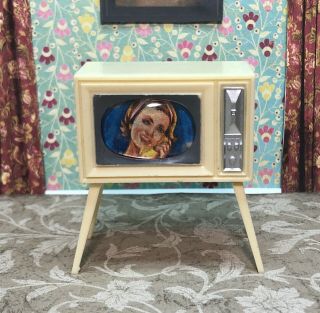 Rare Marx Little Hostess Television Vintage Tin Dollhouse Furniture Renwal 1:16