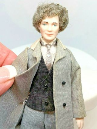 Dollhouse Miniature Vintage Artisan Porcelain Victorian Man Doll Gray Hair 1:12 2