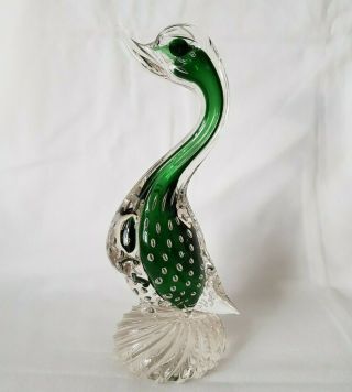 Vintage Retro Murano Cased Green Bubble Glass Duck Sculpture Ornament