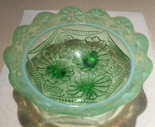 Antique/vtg Fenton Green Opalescent Celtic Knot Floral Footed Bowl Dish
