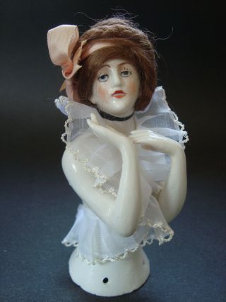 C - 31 Antique Porcelain Sitzendorf Half Doll W Mohair Wig Pincushion Top