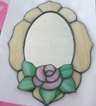 Stained Glass Oval Floral Pink Rose Wall Hanging Mirror