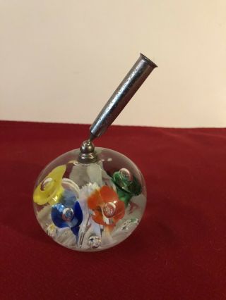 Vtg Joe St.  Clair Glass Paperweight W Pen Holder Colorful Floral Control Bubbles