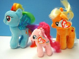3 Ty Plush My Little Ponies,  4 1/2 " Pinkie Pie,  7 " Apple Jack And Rainbow Dash