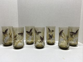 Set Of 7 Vintage Libbey Amber Glass Tumblers M.  Petti W/ Butterfly Wheat 5.  25”