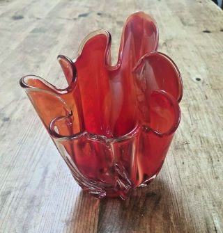Vintage Retro 1960 - 70 Red And Clear Glass Hankerchief Vase