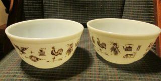 2 Early American Pyrex Bowls White And Brown With Items On Them 402