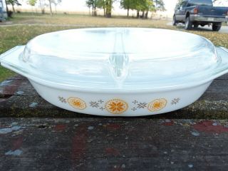 Vtg Pyrex Town & Country Divided Oval Casserole Dish & Pyrex Lid 1 - 1/2 Quart