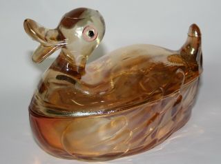 Vintage Jeanette Glass Marigold Carnival Glass Duck Powder Jar Pink & Black Eye