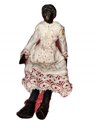 Rare American Folk Art Primitive Wooden Shoulder Head Stockinette Doll