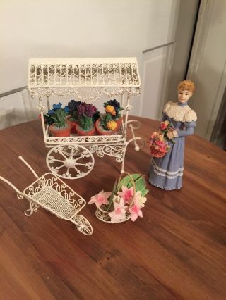 Miniature Dollhouse 1:12 White Wire Flower Garden Cart W/potted Flowers