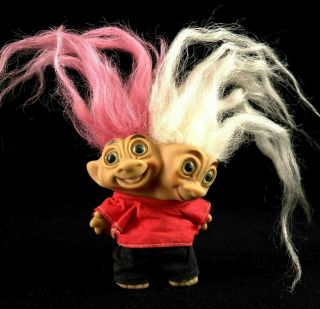 Vintage 1965 Uneeda 3“ Two Headed Troll Doll,  Pink & White Long Real Hair Rare