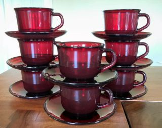 16 Pc Vintage Ruby Red Glass 8 Pairs Coffee Tea Cups Saucers Mug Arcoroc France