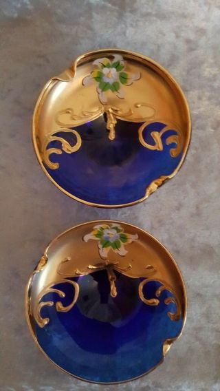 Set Of 2 Vintage Murano Cobalt Blue Glass Dish Floral & Gold Trim & Label