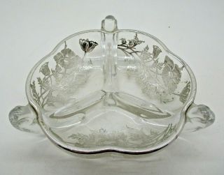 Sterling Silver Overlay 3 Section Handled Glass Bowl Vintage