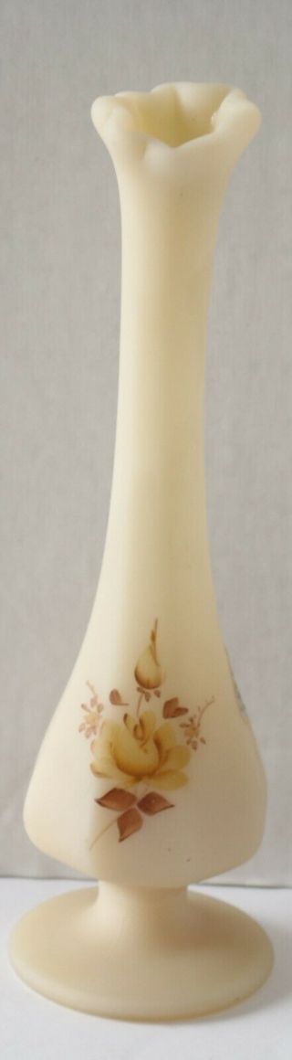 Hand Painted Fenton Custard Glass Bud Vase Signed With Sticker