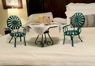 American Girl Kit Green Metal Bistro Table And Chairs With Glassware And Linens