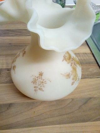 Fenton custard glass ruffled vase,  Sticker.  Signed. 3