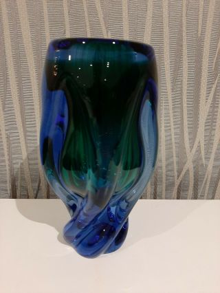 Fabulous True Heavy Vintage Murano Art Glass Vase Blue/green Twist Design