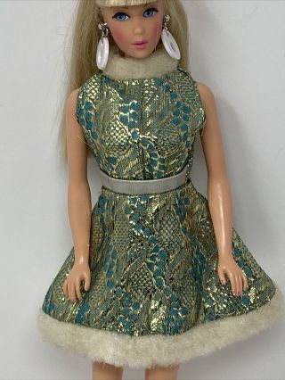 Vintage Barbie Size Clone Doll Clothes Outfit Gold Metallic Turquoise Dress