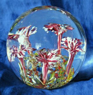 `vintage Art Glass Paperweight Red & White Trumpets Inside Clear Sphere 3 "