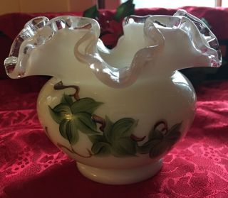 Fenton Silver Crest Bowl Vase Hand Painted Ivy Ruffle Edge Vase White Milk Glass