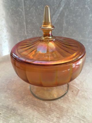 Vintage Fenton Carnival Glass Iridescent Marigold Candy Dish With Lid.  Footed.  6