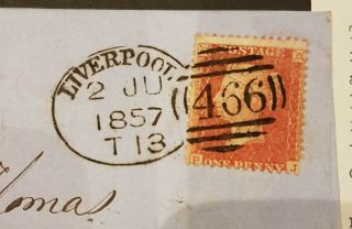 Victorian Postal Cover & Letter.  Duplex Spoon Type Postmark - 46 Liverpool.  1857 2