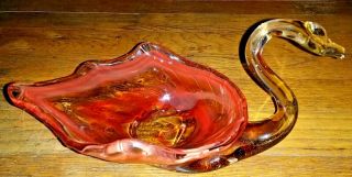 Vintage Hand Blown Orange Swirl Art Glass Swan Trinket Dish