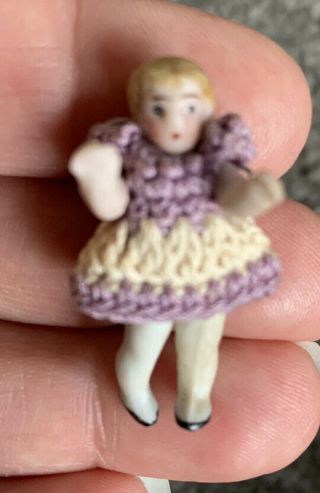 Antique Miniature Tiny Dollhouse Bisque Blond Girl Doll Carl Horn 1.  25” Purple 2