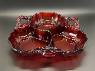 Cambridge Glass 3500 Carmen Red 3 - Part Relish Or Candy Dish