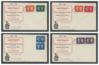 ,  1940 Postal Centenary - 4 Different First Day Covers (fdc),