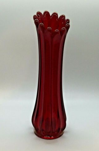 Vintage Ruby Red Glass Finger Vase Ribbed Paneled W/ Star Bottom 9.  5 " Tall