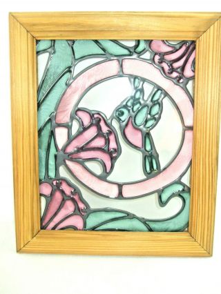 Wood Framed Window Panel Hamming Bird Flowers Hand Made Stained Glass 12 " X 10 "