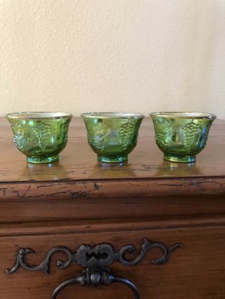 Vintage Indiana Glass Lime Green Iridescent 3 Punch Bowl Cups
