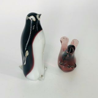 Vintage Lugano Murano Art Glass Penguin 13.  5cm Paperweight & His Seal Friend